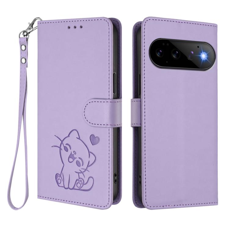 For Google Pixel 11 Pro / Pixel 11 Embossed Heart Cat Leather Phone Case with Hand Strap