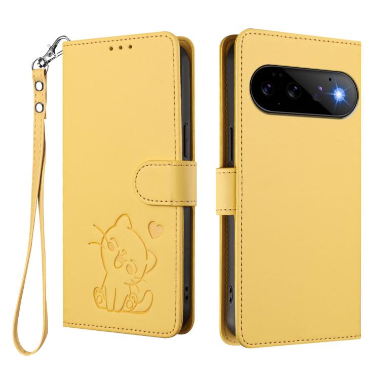 For Google Pixel 11 Pro / Pixel 11 Embossed Heart Cat Leather Phone Case with Hand Strap