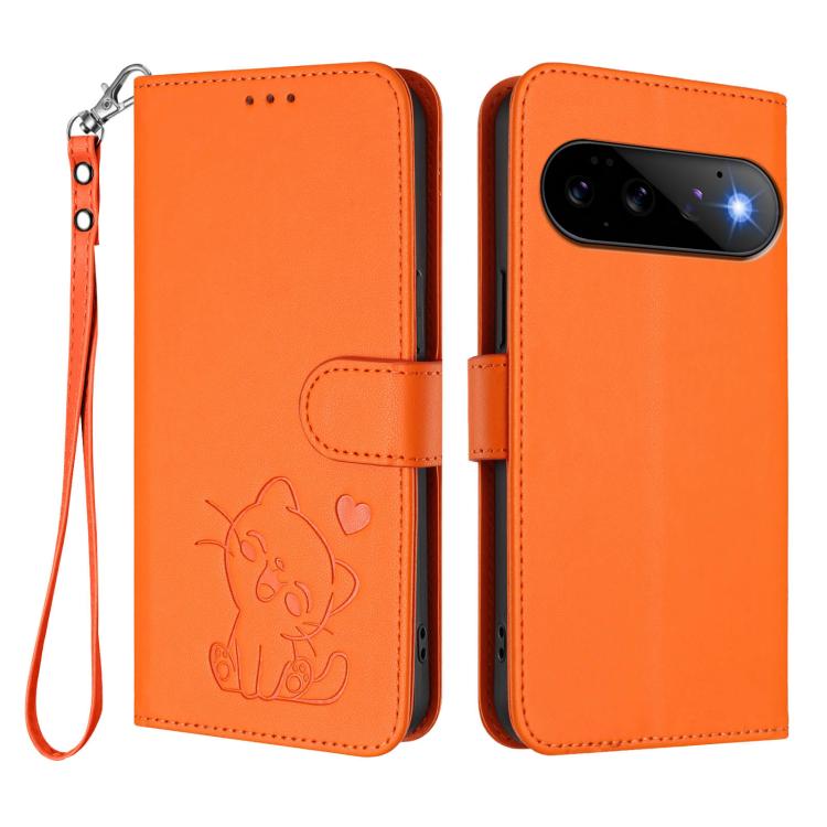 For Google Pixel 11 Pro / Pixel 11 Embossed Heart Cat Leather Phone Case with Hand Strap