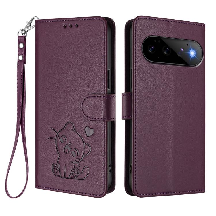 For Google Pixel 11 Pro / Pixel 11 Embossed Heart Cat Leather Phone Case with Hand Strap