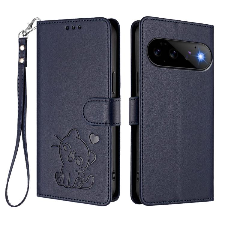 For Google Pixel 11 Pro / Pixel 11 Embossed Heart Cat Leather Phone Case with Hand Strap
