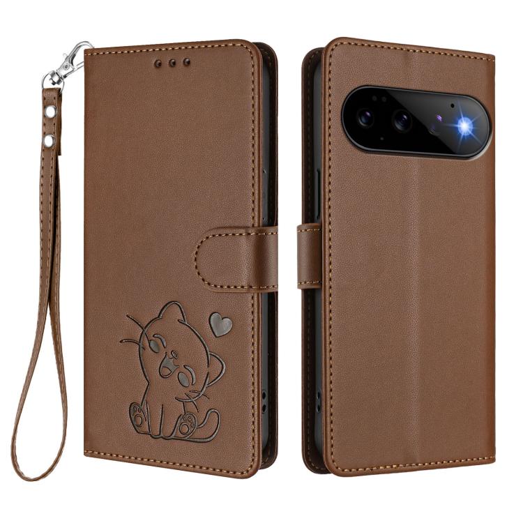 For Google Pixel 11 Pro / Pixel 11 Embossed Heart Cat Leather Phone Case with Hand Strap