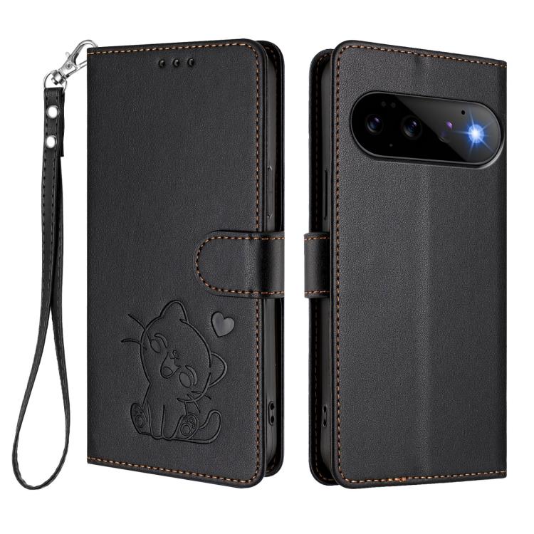 For Google Pixel 11 Pro / Pixel 11 Embossed Heart Cat Leather Phone Case with Hand Strap