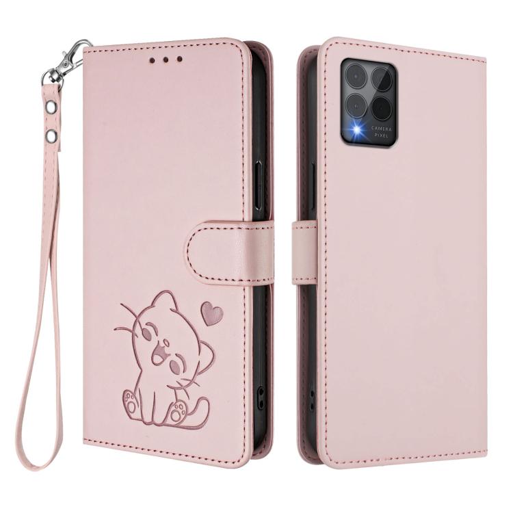 For T-Mobile Revvl 6 Pro 5G / 6X Pro 5G Embossed Heart Cat Leather Phone Case with Hand Strap