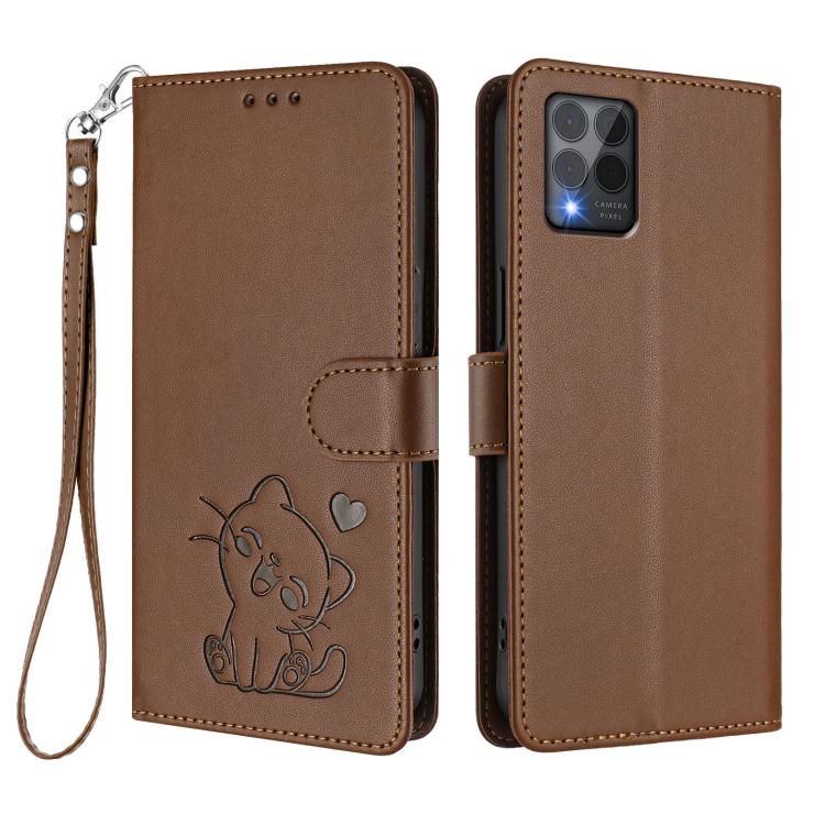 For T-Mobile Revvl 6 Pro 5G / 6X Pro 5G Embossed Heart Cat Leather Phone Case with Hand Strap