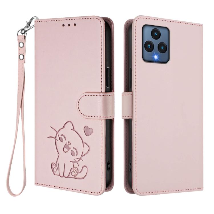 For T-Mobile Revvl 6 / 6X Embossed Heart Cat Leather Phone Case with Hand Strap