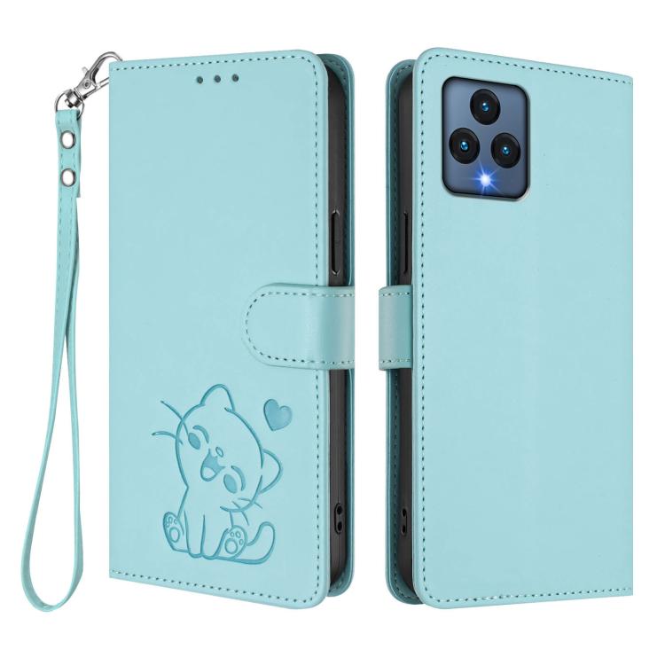 For T-Mobile Revvl 6 / 6X Embossed Heart Cat Leather Phone Case with Hand Strap