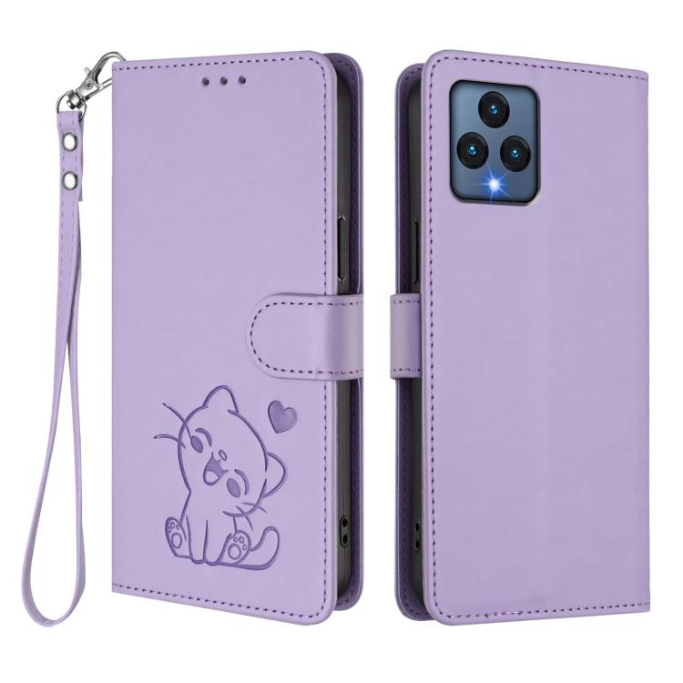For T-Mobile Revvl 6 / 6X Embossed Heart Cat Leather Phone Case with Hand Strap