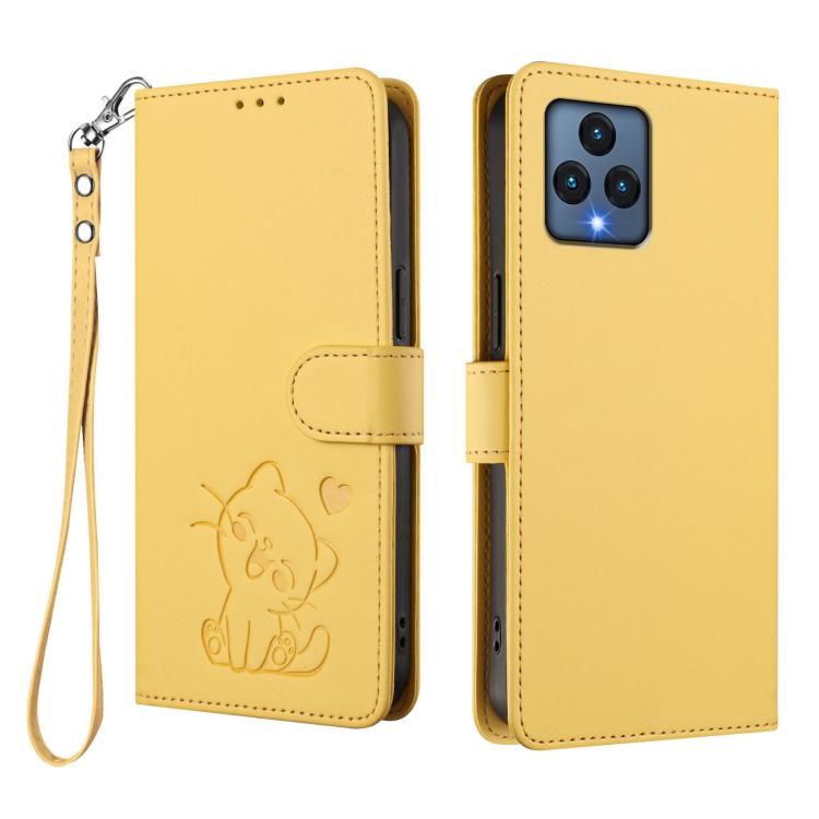 For T-Mobile Revvl 6 / 6X Embossed Heart Cat Leather Phone Case with Hand Strap
