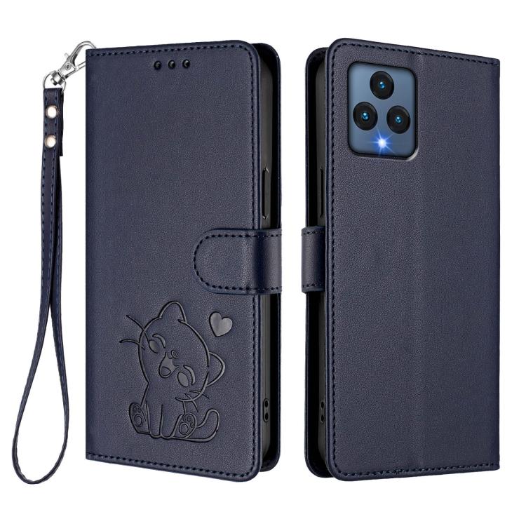 For T-Mobile Revvl 6 / 6X Embossed Heart Cat Leather Phone Case with Hand Strap