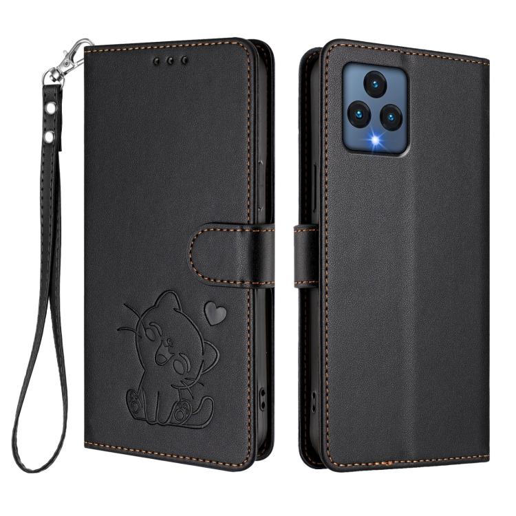 For T-Mobile Revvl 6 / 6X Embossed Heart Cat Leather Phone Case with Hand Strap