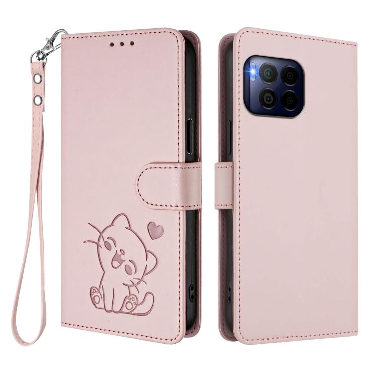 For T-Mobile Revvl 7 Pro / T Phone 2 Pro 5G Embossed Heart Cat Leather Phone Case with Hand Strap