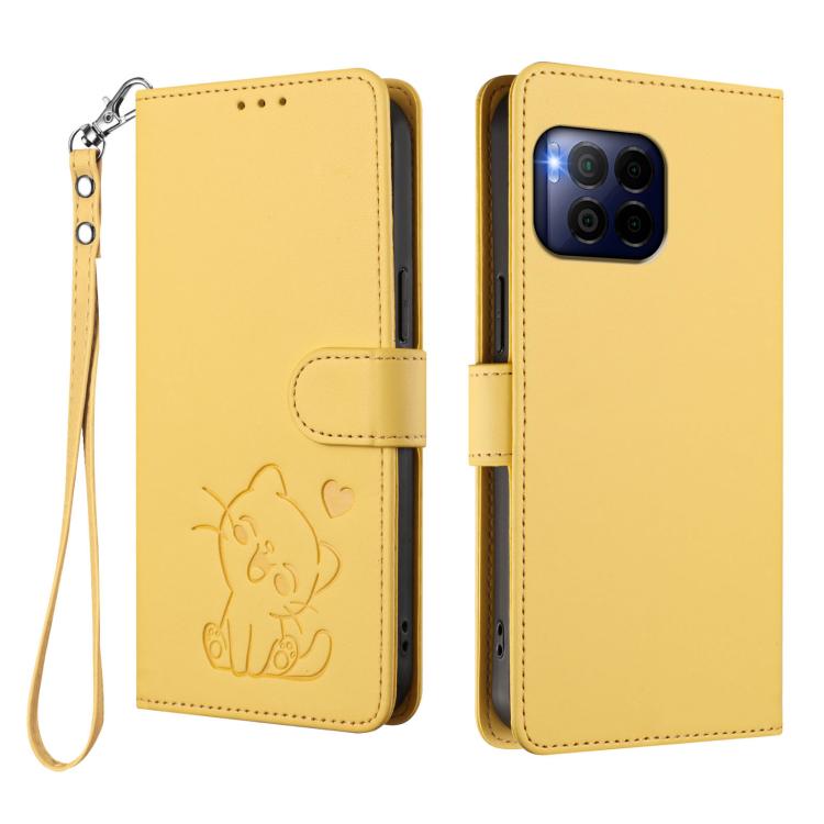 For T-Mobile Revvl 7 Pro / T Phone 2 Pro 5G Embossed Heart Cat Leather Phone Case with Hand Strap