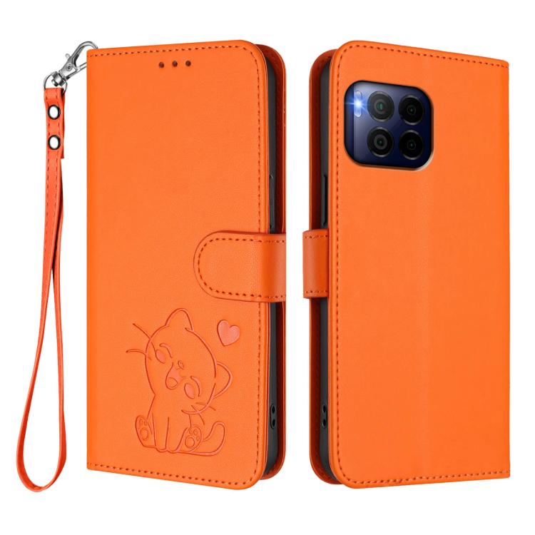 For T-Mobile Revvl 7 Pro / T Phone 2 Pro 5G Embossed Heart Cat Leather Phone Case with Hand Strap