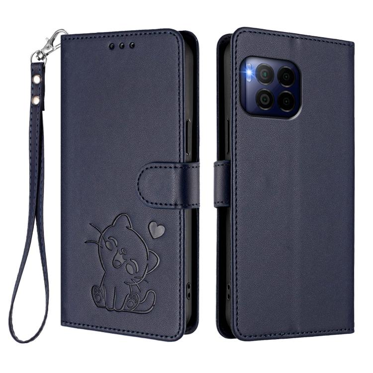 For T-Mobile Revvl 7 Pro / T Phone 2 Pro 5G Embossed Heart Cat Leather Phone Case with Hand Strap