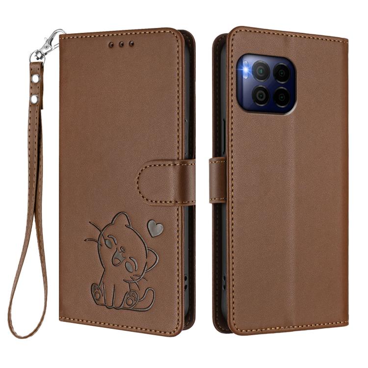 For T-Mobile Revvl 7 Pro / T Phone 2 Pro 5G Embossed Heart Cat Leather Phone Case with Hand Strap