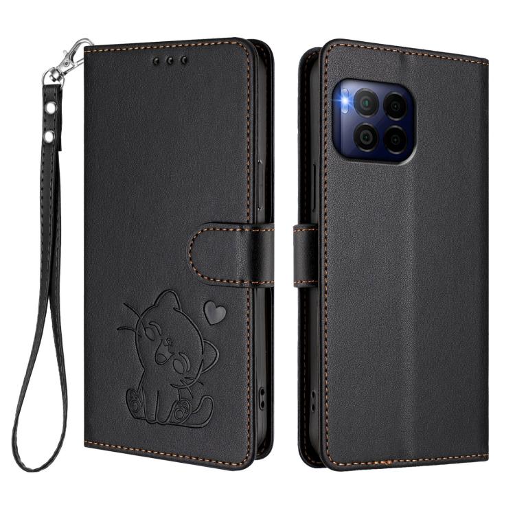 For T-Mobile Revvl 7 Pro / T Phone 2 Pro 5G Embossed Heart Cat Leather Phone Case with Hand Strap
