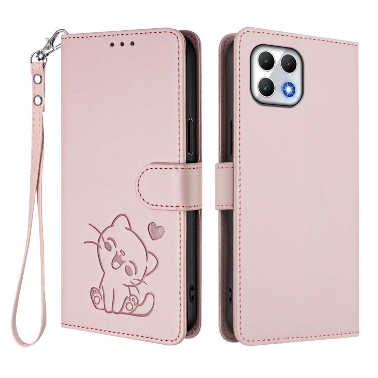 For T-Mobile Revvl 7 / T Phone 2 5G Embossed Heart Cat Leather Phone Case with Hand Strap