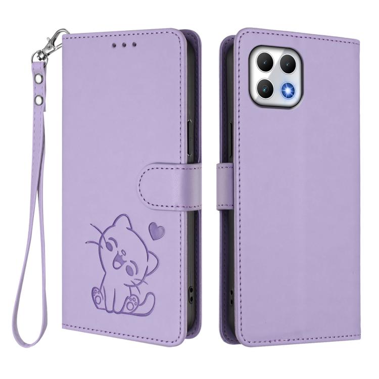 For T-Mobile Revvl 7 / T Phone 2 5G Embossed Heart Cat Leather Phone Case with Hand Strap