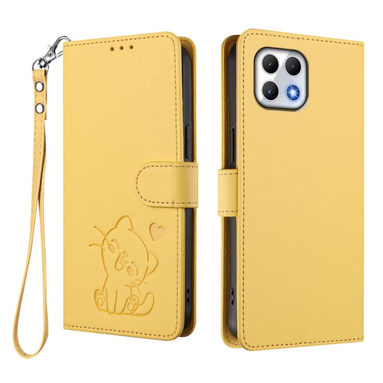 For T-Mobile Revvl 7 / T Phone 2 5G Embossed Heart Cat Leather Phone Case with Hand Strap