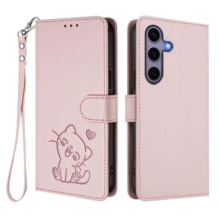 For Samsung Galaxy S25 / S24 5G Embossed Heart Cat Leather Phone Case with Hand Strap