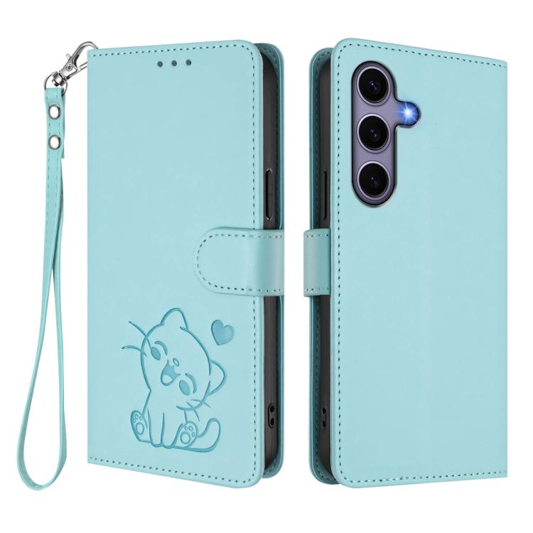 For Samsung Galaxy S25 / S24 5G Embossed Heart Cat Leather Phone Case with Hand Strap