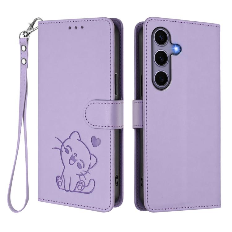 For Samsung Galaxy S25 / S24 5G Embossed Heart Cat Leather Phone Case with Hand Strap