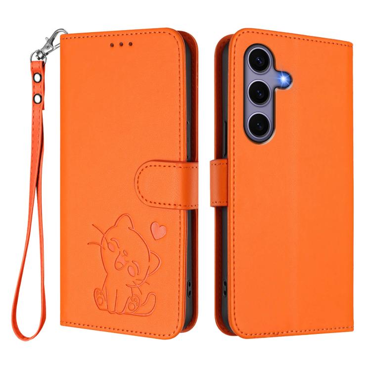 For Samsung Galaxy S25 / S24 5G Embossed Heart Cat Leather Phone Case with Hand Strap