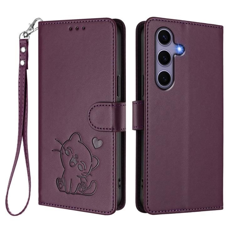 For Samsung Galaxy S25 / S24 5G Embossed Heart Cat Leather Phone Case with Hand Strap