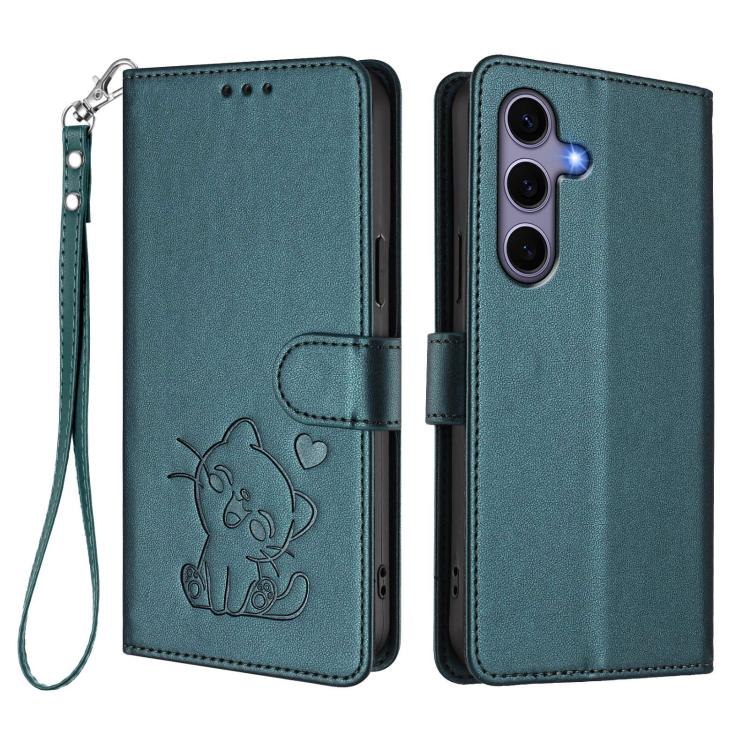 For Samsung Galaxy S25 / S24 5G Embossed Heart Cat Leather Phone Case with Hand Strap