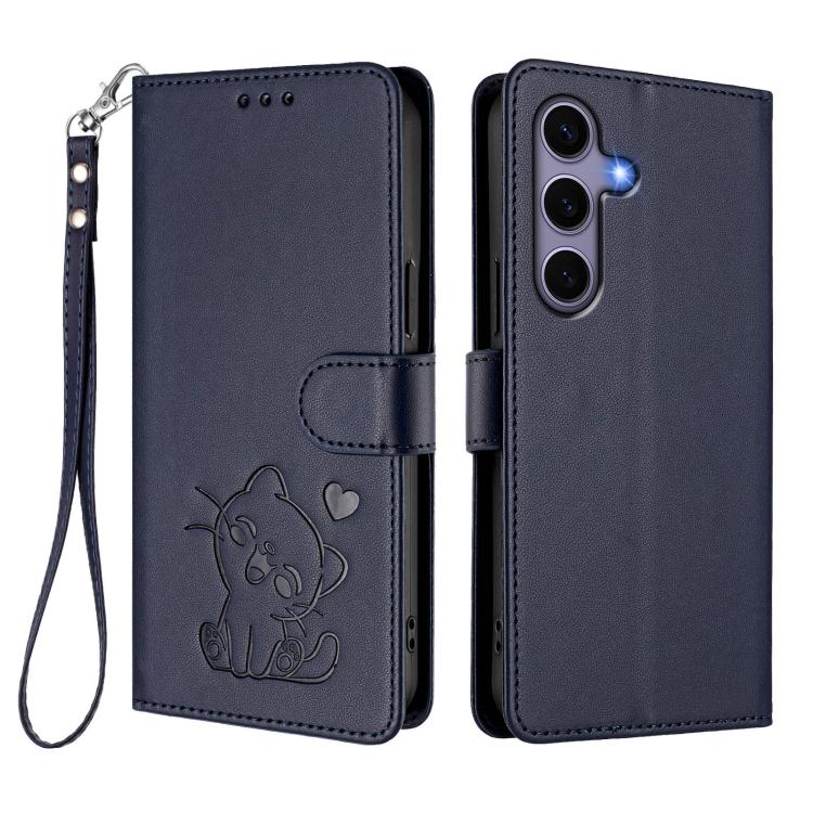 For Samsung Galaxy S25 / S24 5G Embossed Heart Cat Leather Phone Case with Hand Strap