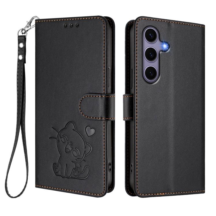 For Samsung Galaxy S25 / S24 5G Embossed Heart Cat Leather Phone Case with Hand Strap