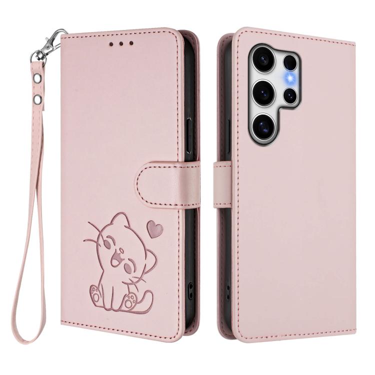 For Samsung Galaxy S25 Ultra 5G Embossed Heart Cat Leather Phone Case with Hand Strap