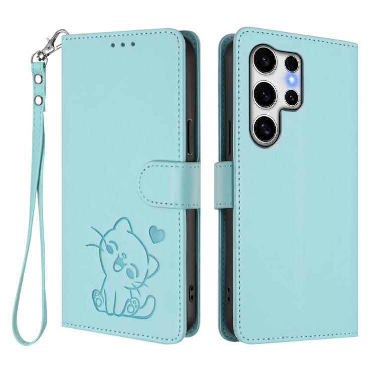 For Samsung Galaxy S25 Ultra 5G Embossed Heart Cat Leather Phone Case with Hand Strap