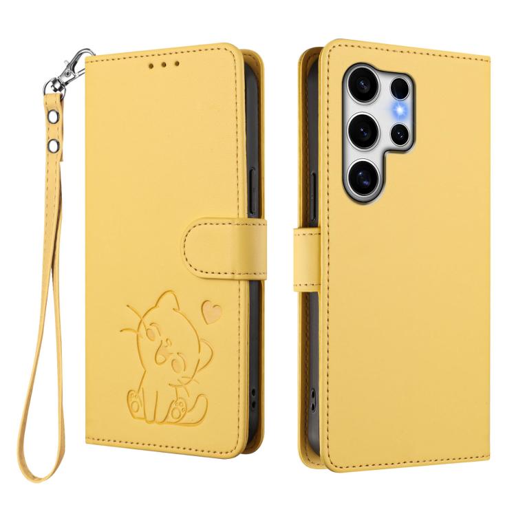 For Samsung Galaxy S25 Ultra 5G Embossed Heart Cat Leather Phone Case with Hand Strap