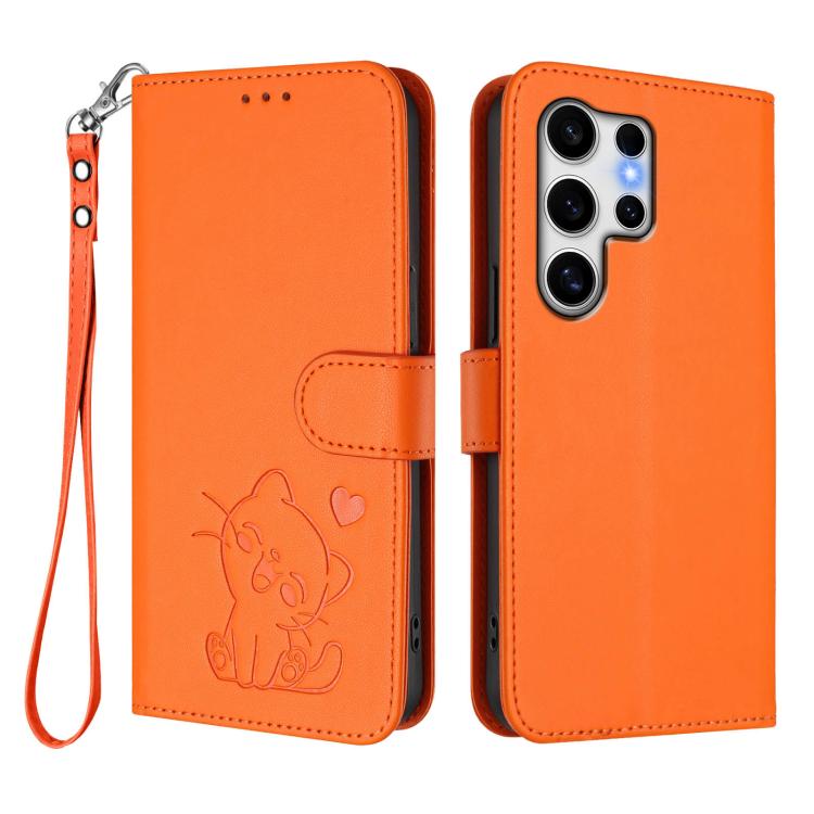 For Samsung Galaxy S25 Ultra 5G Embossed Heart Cat Leather Phone Case with Hand Strap