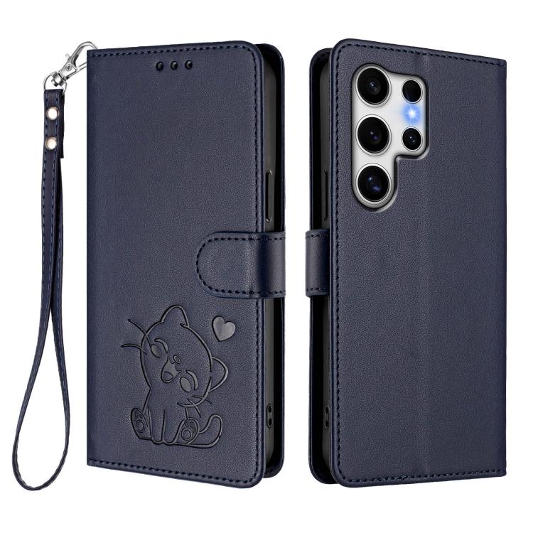 For Samsung Galaxy S25 Ultra 5G Embossed Heart Cat Leather Phone Case with Hand Strap