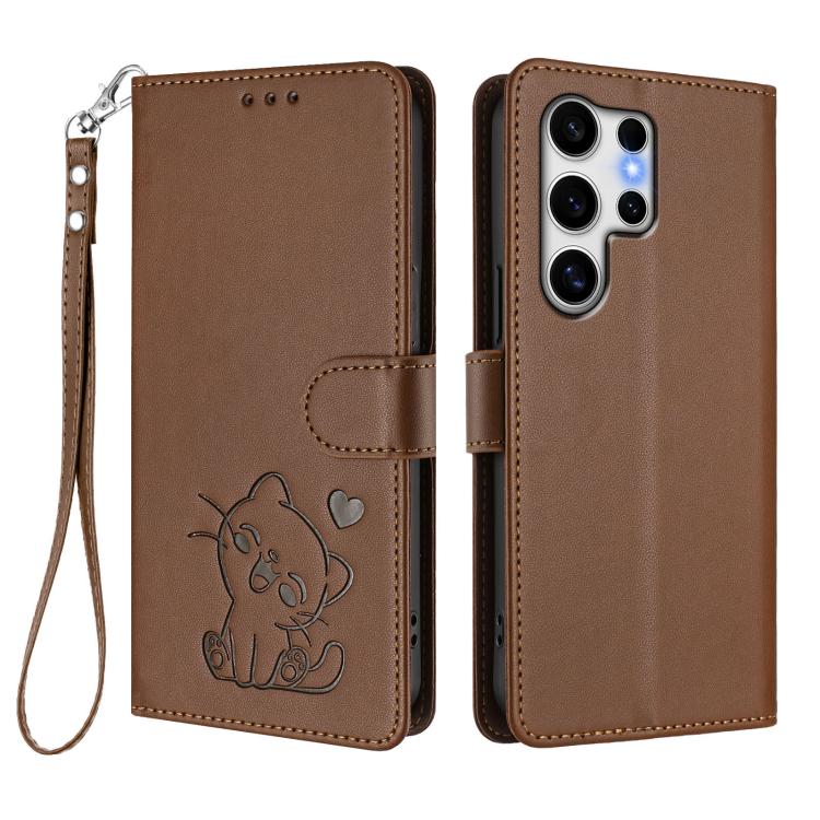 For Samsung Galaxy S25 Ultra 5G Embossed Heart Cat Leather Phone Case with Hand Strap