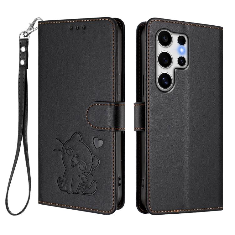 For Samsung Galaxy S25 Ultra 5G Embossed Heart Cat Leather Phone Case with Hand Strap