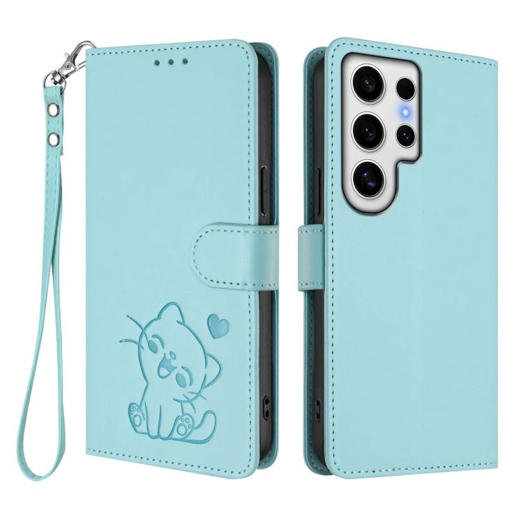 For Samsung Galaxy S24 Ultra 5G Embossed Heart Cat Leather Phone Case with Hand Strap