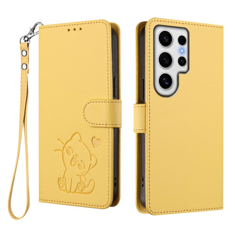 For Samsung Galaxy S24 Ultra 5G Embossed Heart Cat Leather Phone Case with Hand Strap