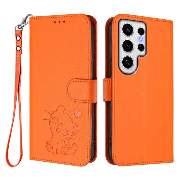 For Samsung Galaxy S24 Ultra 5G Embossed Heart Cat Leather Phone Case with Hand Strap