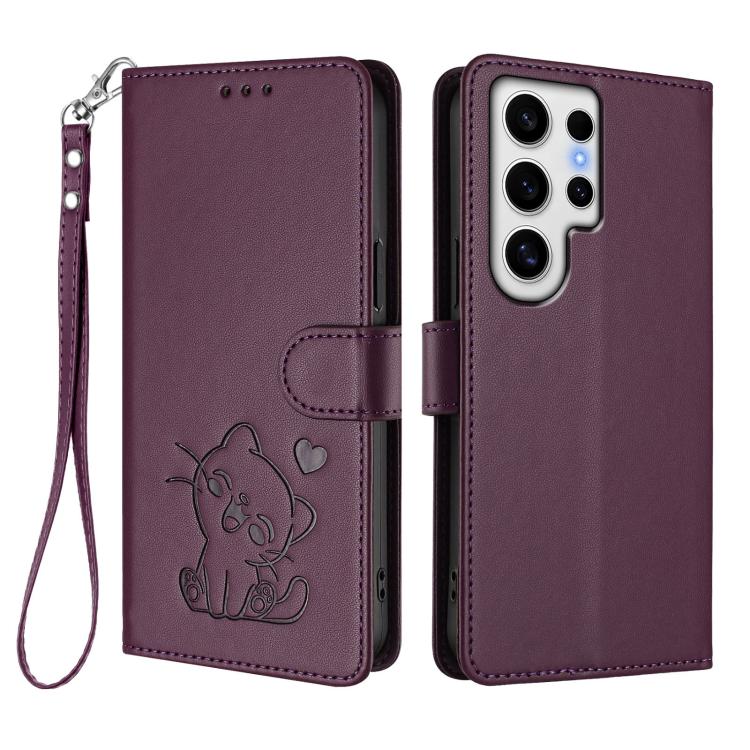 For Samsung Galaxy S24 Ultra 5G Embossed Heart Cat Leather Phone Case with Hand Strap