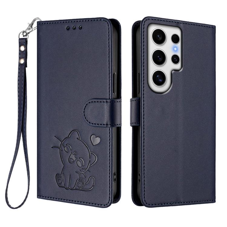 For Samsung Galaxy S24 Ultra 5G Embossed Heart Cat Leather Phone Case with Hand Strap