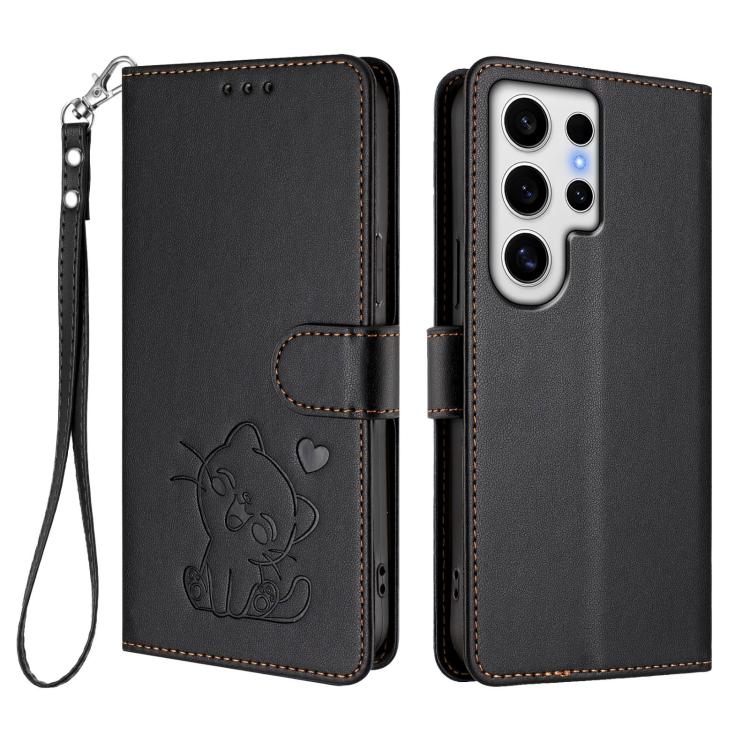 For Samsung Galaxy S24 Ultra 5G Embossed Heart Cat Leather Phone Case with Hand Strap