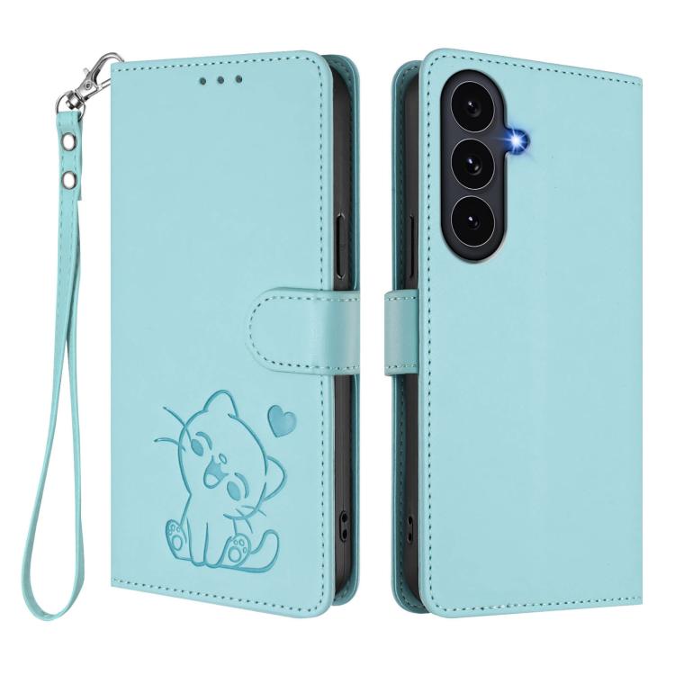For Samsung Galaxy S25 FE 5G Embossed Heart Cat Leather Phone Case with Hand Strap