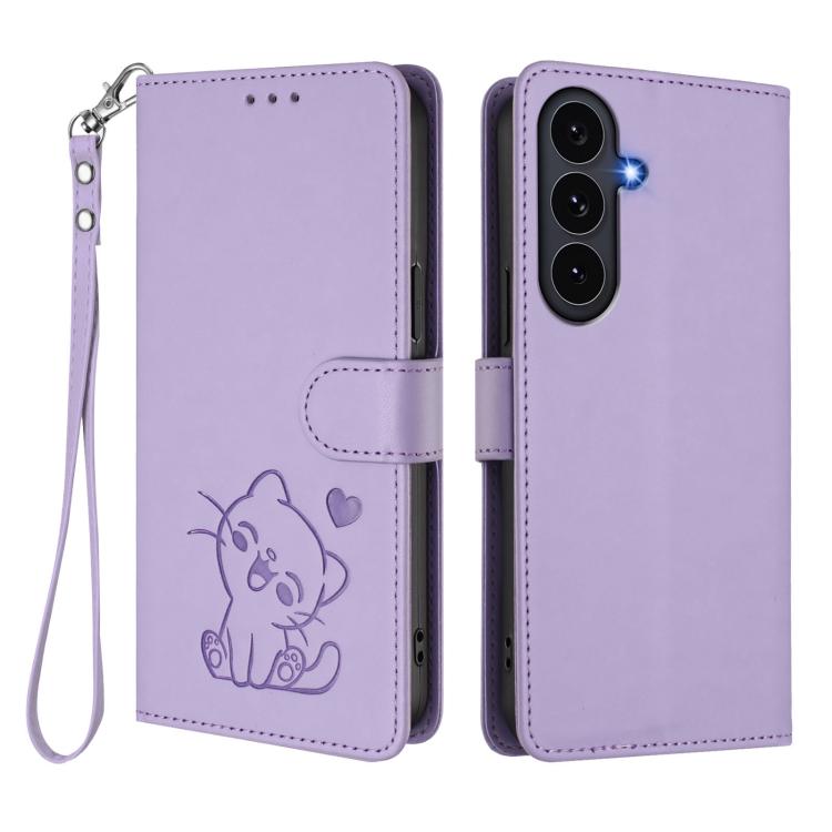 For Samsung Galaxy S25 FE 5G Embossed Heart Cat Leather Phone Case with Hand Strap