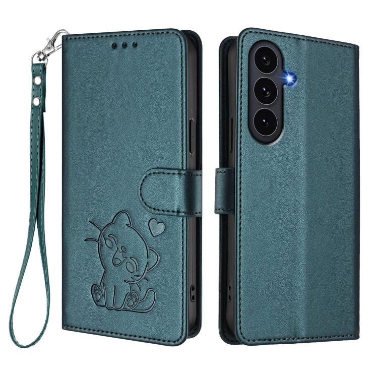 For Samsung Galaxy S25 FE 5G Embossed Heart Cat Leather Phone Case with Hand Strap