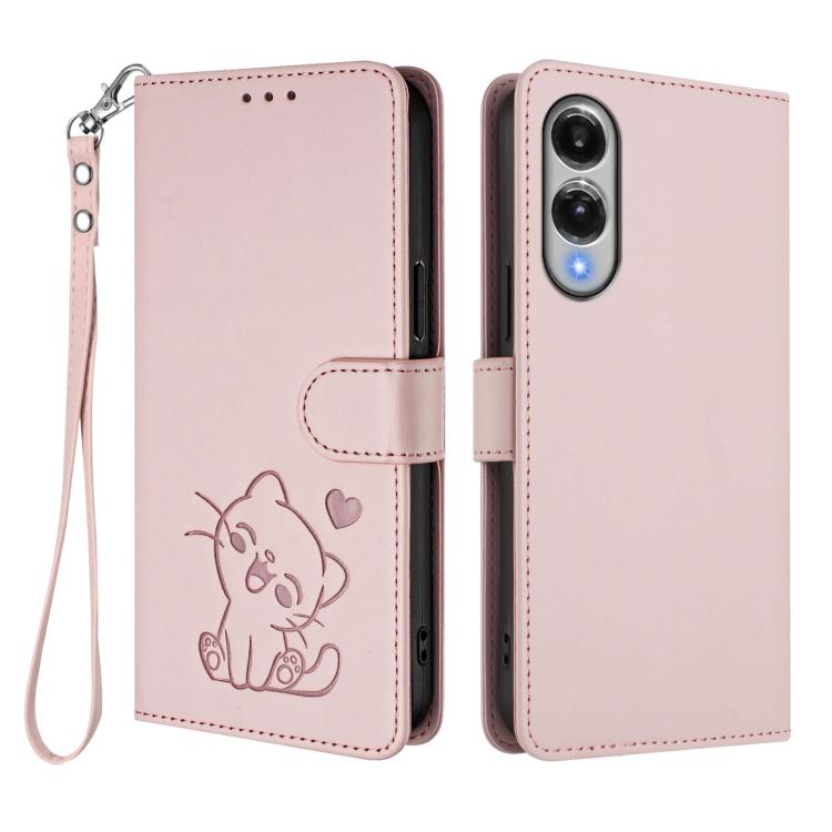 For Samsung Galaxy S25 Edge 5G Embossed Heart Cat Leather Phone Case with Hand Strap