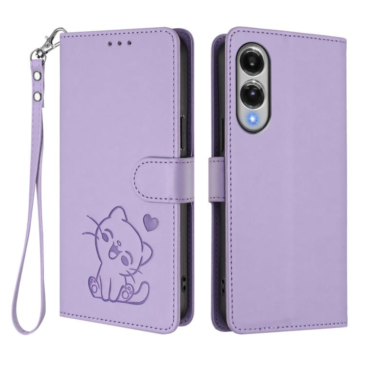 For Samsung Galaxy S25 Edge 5G Embossed Heart Cat Leather Phone Case with Hand Strap